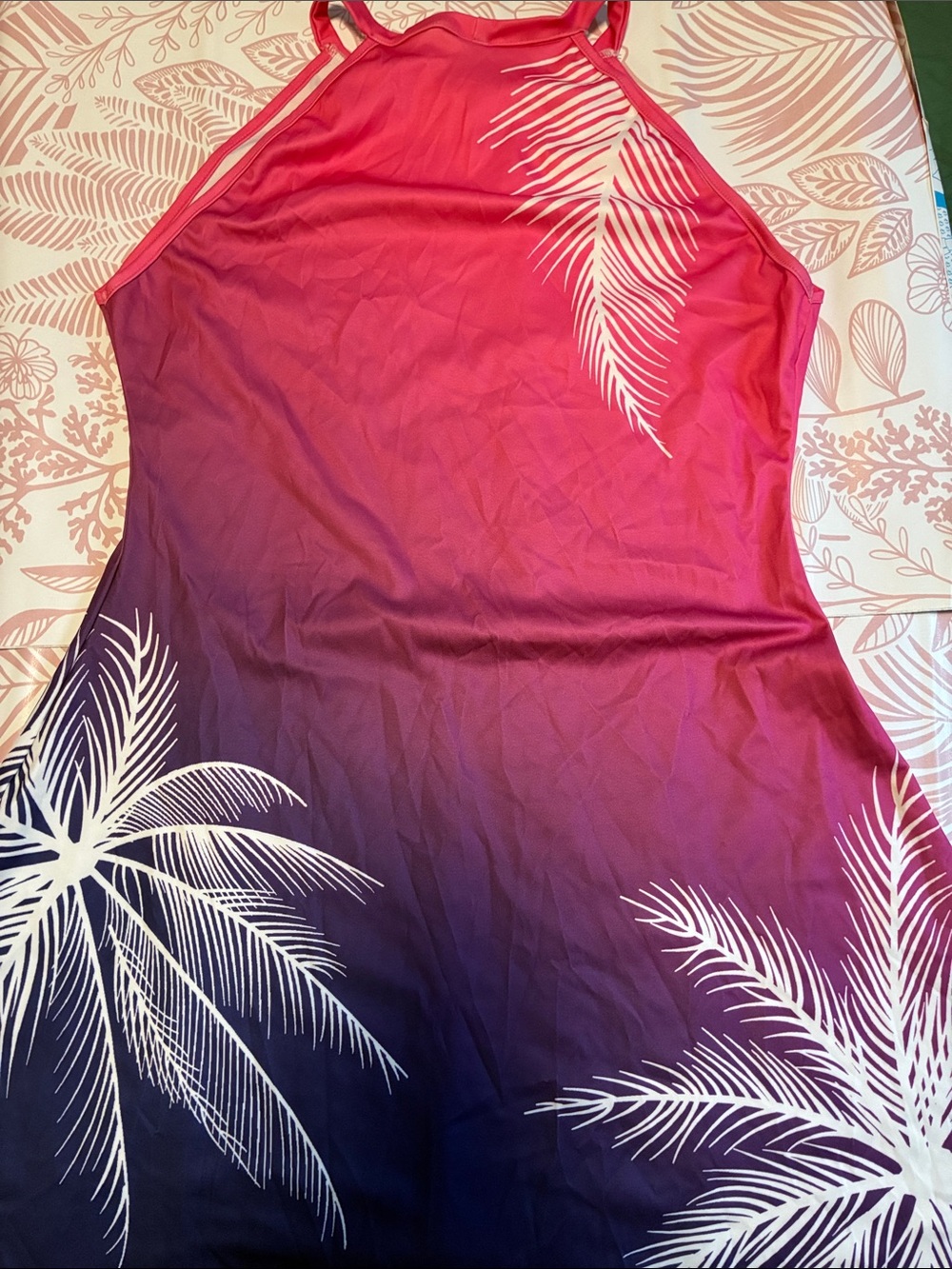 Women’s Gradient Halter Tank Top with White Palm Print - Pink/Purple